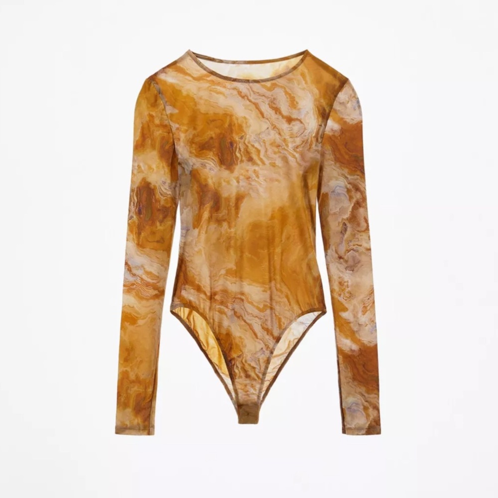 ZARA LONG SLEEVE MARBLE SHEER BODYSUIT